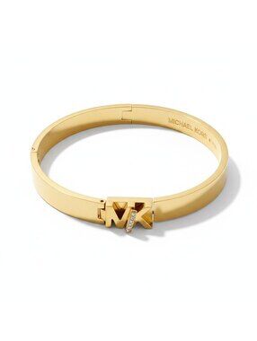 Michael Kors Gold Tone Steel MK Logo Pavé Crystal Hinged Bangle Bracelet